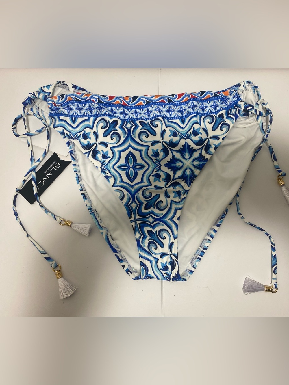 La Blanca NWT 12 UPF 50 Blue and White Tile-Print Tie-Side Bikini Bottom